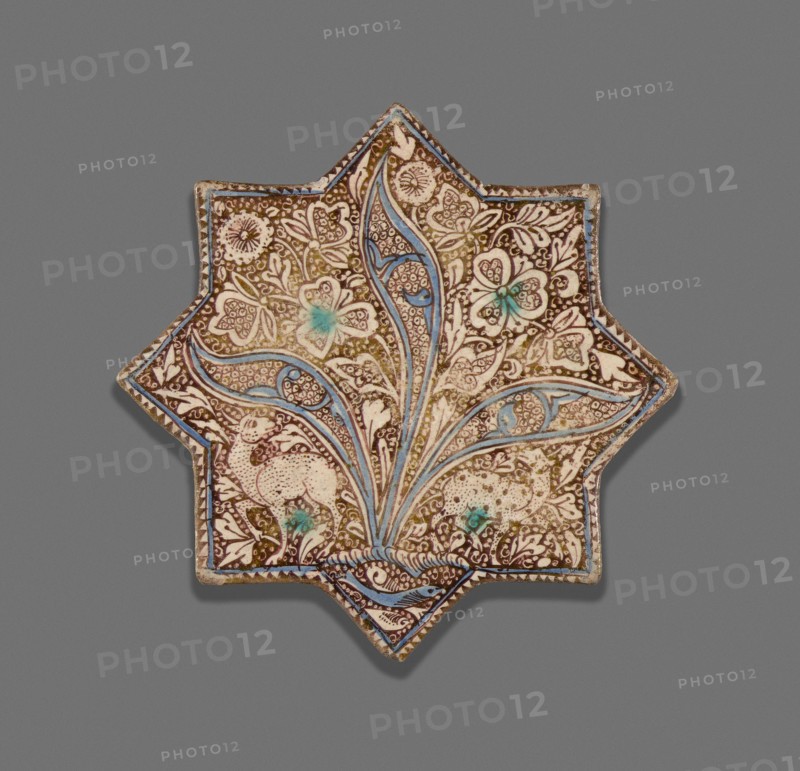 Star-Shaped Tile, Ilkhanid dynasty (1256–1353), c. 1300, Iran, Iran, Fritware painted in blue and turquoise in an opaque white glaze, with lustre over the glaze, 20.7 × 20.7 × 1.7 cm (8 3/16 × 8 3/16 × 1 in.)