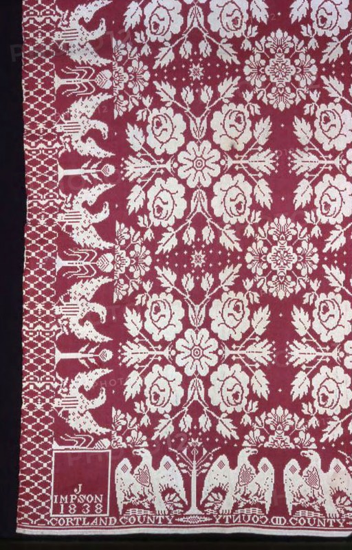 Coverlet, 1838, Jacob Impson (American, c. 1802, 1869), United States, New York, Cortland County, Groton, New York, Cotton and wool, plain weave double cloth, woven on loom with Jacquard attachment, 231.5 x 206 cm (91 x 81 in.)
