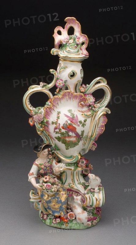 Potpourri Vase with Shepherdess, 1760/65, Chelsea Porcelain Manufactory, London, England, c. 1745-1784, Chelsea, Soft-paste porcelain, polychrome enamels and gilding, 34.6 × 15.4 cm (13 5/8 × 6 1/16 in.)