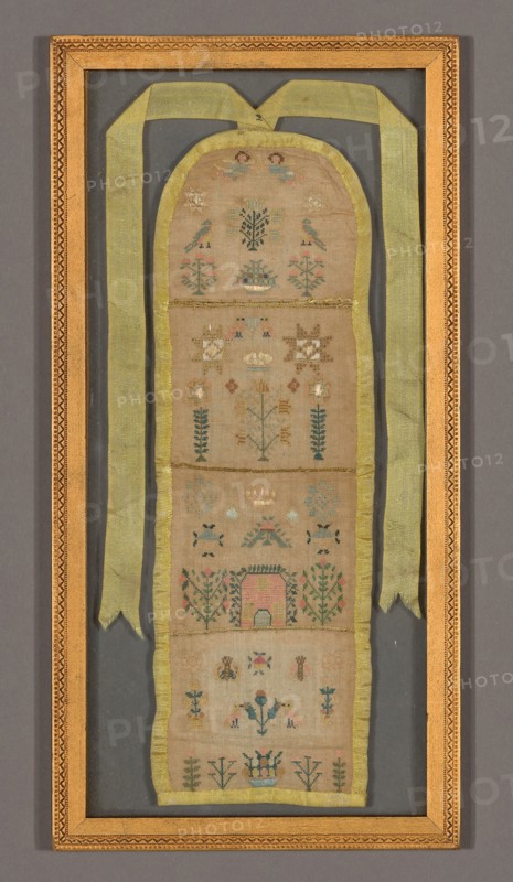Sampler, 1799, Worked by Elizabeth Dudley (English, active c. 1799), England, Linen, plain weave, embroidered with silk in cross, satin, algerian eye or star stitches, detached buttonhole insertions, 24.2 × 7.8 cm (9 1/2 × 3 in.)