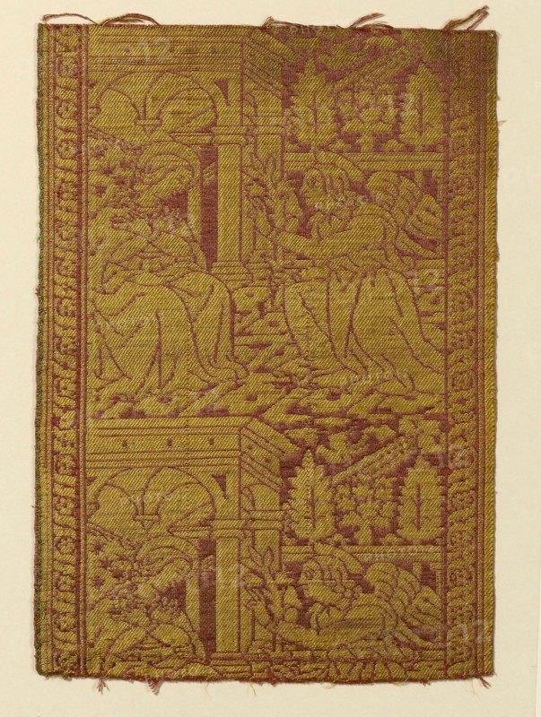 Fragment (From an Orphrey Band), 15th century, Italy, Silk, warp-float faced 4:1 satin weave with weft-float faced 1:3 'Z' twill interlacings of secondary binding warps and supplementary patterning wefts, b: 33.3 x 23.3 cm (13 1/8 x 9 1/4 in.)
