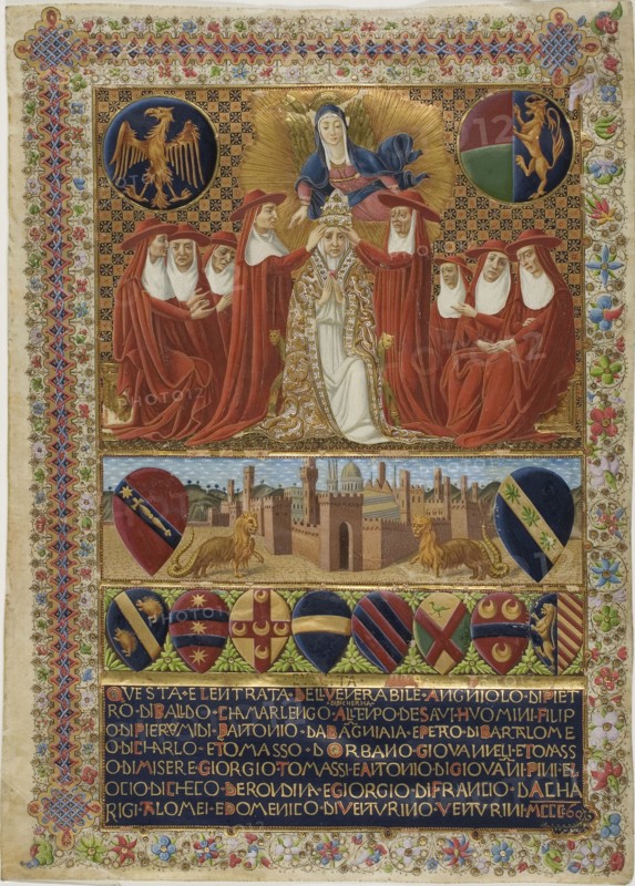 Pope Pius II, frontispiece to a Constitution of the Sienese Church of the Year 1464, 1464, possibly 19th century copy, Italian (Siena), after Vecchietta (Lorenzo di Pietro di Giovanni) (Italian, 1410-1480), Italy, Manuscript cutting in tempera and gold leaf on parchment, 310 x 223 mm