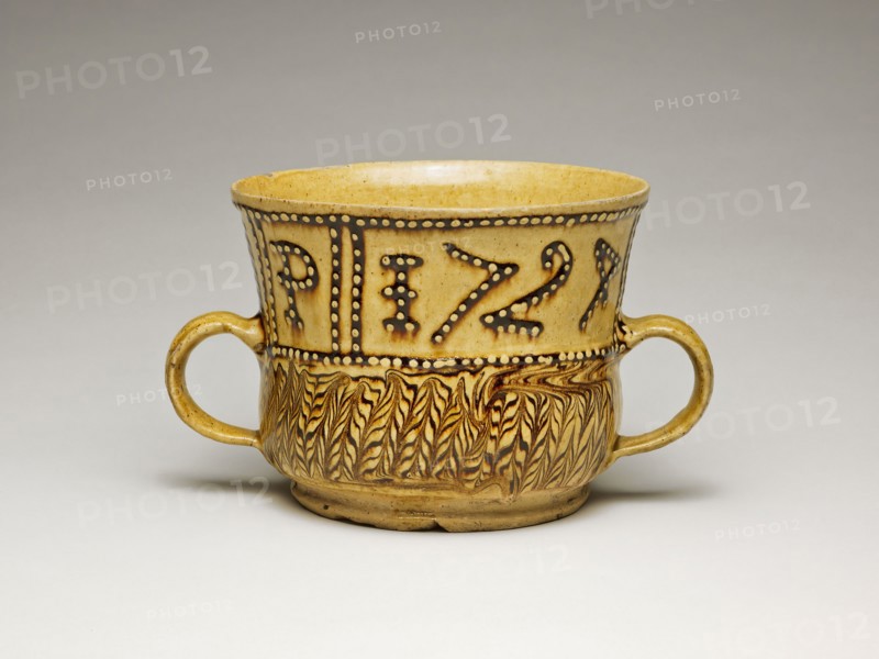 Cup, 1724, Staffordshire, England, Staffordshire, Earthenware with slipware decoration, 21.8 × 12.9 cm (8 9/16 × 5 1/16 in.)