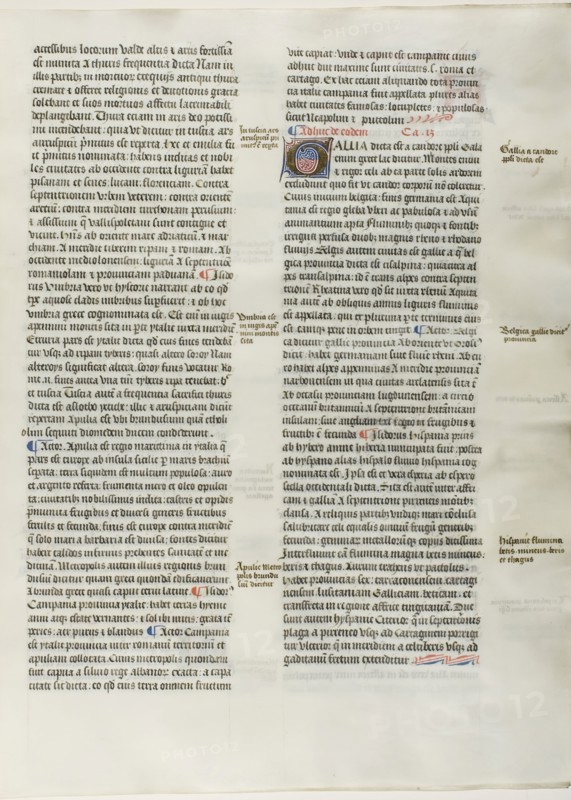 Folio Four from Burchard of Sion’s De locis ac mirabilibus mundi, or an Illuminated Geography, c. 1460, French (Paris), written by Burchard of Mount Sion (German, active 13th century), France, Folio from a partial manuscript with decorated letters and other decorations in tempera and gold leaf, and with Latin inscriptions in black and brown ink, ruled in light brown ink, on vellum, 500 × 390 mm (average)