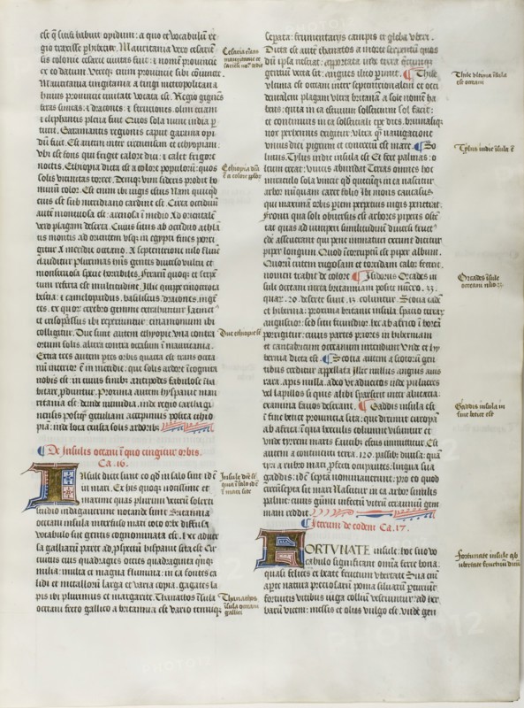 Folio Five from Burchard of Sion’s De locis ac mirabilibus mundi, or an Illuminated Geography, c. 1460, French (Paris), written by Burchard of Mount Sion (German, active 13th century), France, Folio from a partial manuscript with decorated letters and other decorations in tempera and gold leaf, and with Latin inscriptions in black and brown ink, ruled in light brown ink, on vellum, 500 × 390 mm (average)