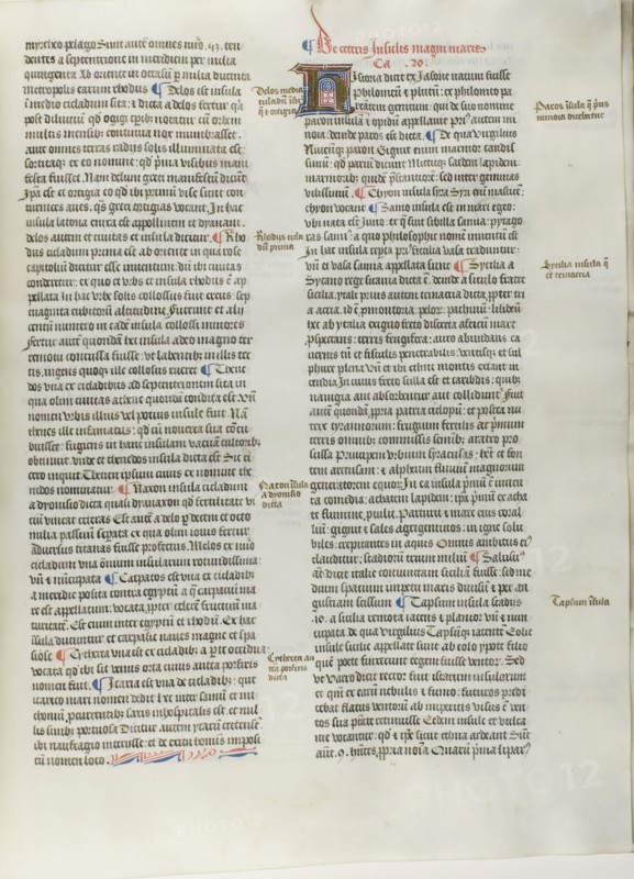 Folio Six from Burchard of Sion’s De locis ac mirabilibus mundi, or an Illuminated Geography, c. 1460, French (Paris), written by Burchard of Mount Sion (German, active 13th century), France, Folio from a partial manuscript with decorated letters and other decorations in tempera and gold leaf, and with Latin inscriptions in black and brown ink, ruled in light brown ink, on vellum, 500 × 390 mm (average)