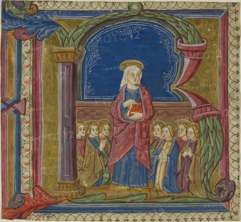 The Virgin Adored by Saints in a Historiated Initial R from an Antiphonary, 15th century, Italian (Lombardy), Italy, Manuscript cutting in tempera and gold leaf on parchment, with gothica textura inscriptions in brownish-black, verso, 160 x 174 mm
