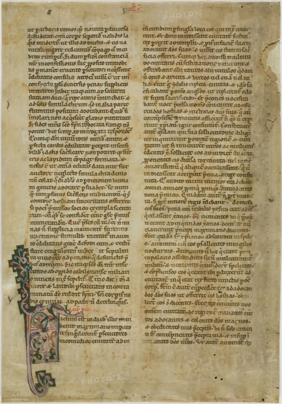 Bifolia from a Vita Sanctorum, or Lives of the Saints, c. 1150, Italian (Tuscany), Italy, Manuscript cutting with tempera decorations and gothica textualis primitiva inscriptions in brownish-black ink, on parchment, 325 x 224 mm (sheet, folded)
