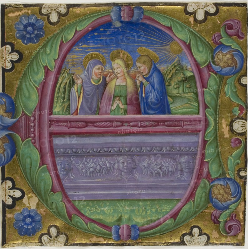 The Three Marys at the Tomb in a Historiated Initial E from a Choirbook, 1470/80, Italian (Ferrara), Italy, Manuscript cutting in tempera and gold leaf, with gothica textualis inscriptions in black and ruled in blue, verso, on parchment, 161 x 163 mm