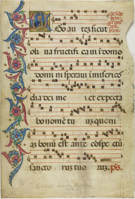 Saint Peter in a Historiated Initial E from a Gradual, 15th century, Italian, Italy, Manuscript cutting in tempera and gold leaf, and red and blue ink, with gothica textura inscriptions in brownish-black, and ruled in red ink, recto and verso, on parchment, 53 x 53 mm (initial), 507 x 336 mm (sheet)