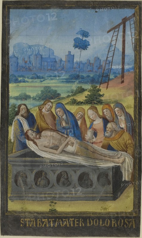 The Entombment (Stabat Mater Prayer), from a Book of Hours, c. 1480, circle of Jean Colombe, French (Bourges), flourished 1463-before 1498, France, Manuscript cutting in tempera and gold paint, with littera batarda inscriptions in gold, recto, and light black, verso, on parchment dyed black, 41 × 83 mm