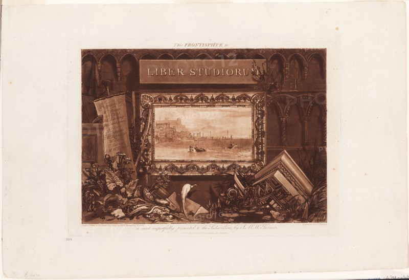The Frontispiece to Liber Studiorum, Published May 23, 1812, Joseph Mallord William Turner (English, 1775-1851), border engraved by J.C. Easling (British, active 19th century), England, Mezzotint and etching in brown on ivory wove paper, 189 × 267 mm (image), 213 × 296 mm (plate), 298 × 440 mm (sheet)