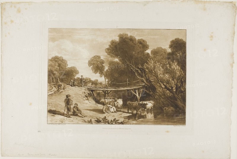 Bridge and Cows, plate 2 from Liber Studiorum, published June 11, 1807, Joseph Mallord William Turner (English, 1775-1851), Engraved by Charles Turner (English, 1773-1857), England, Etching and engraving in brown on ivory paper, 182 × 263 mm (image), 207 × 288 mm (plate), 300 × 438.5 mm (sheet)