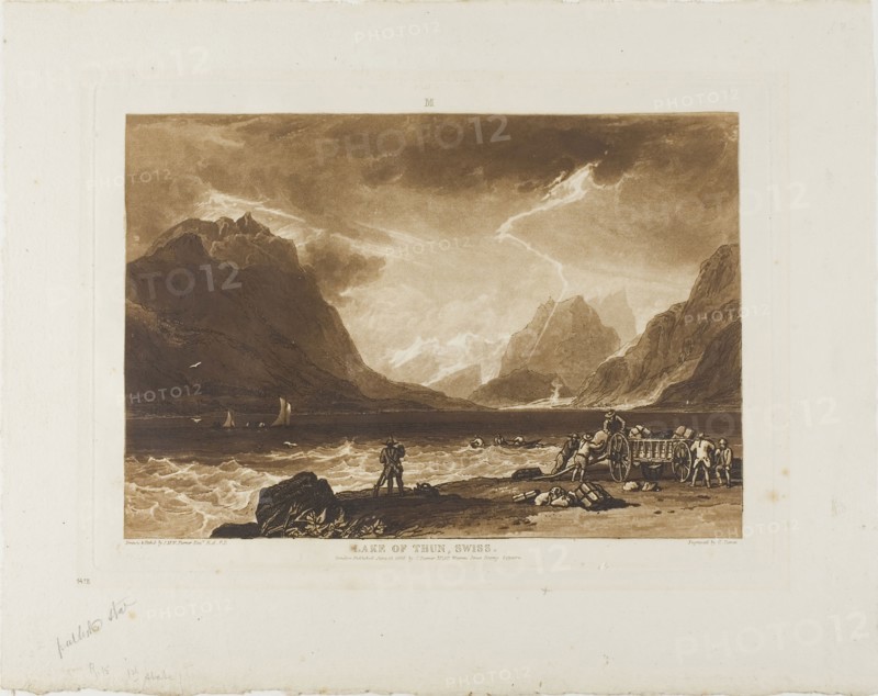 Lake of Thun, plate 15 from Liber Studiorum, Published June 10, 1808, Joseph Mallord William Turner (English, 1775-1851), Engraved by Charles Turner (English, 1773-1857), England, Etching and aquatint in brown on ivory paper, 180 × 264 mm (image), 206.5 × 289.5 mm (plate), 296 × 375 mm (sheet)