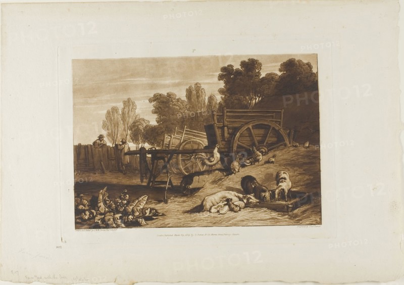 The Farm Yard with the Cock, plate 17 from Liber Studiorum, published March 29, 1809, Joseph Mallord William Turner (English, 1775-1851), Engraved by Charles Turner (English, 1773-1847), England, Etching and engraving in brown on ivory paper, 180 × 258 mm (image), 207.5 × 288.5 mm (plate), 295 × 423.5 mm (sheet)