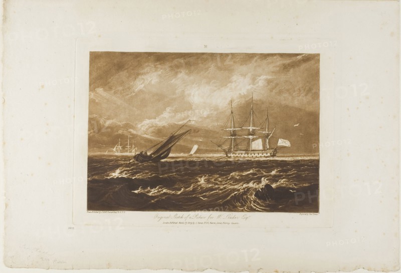 The Leader Sea Piece, plate 20 from Liber Studiorum, published March 29, 1809, Joseph Mallord William Turner, English, 1775-1851, England, Etching and engraving in brown on ivory paper, 178 × 258 mm (image) 208 × 289.5 mm (plate), 301 × 440 mm (sheet)