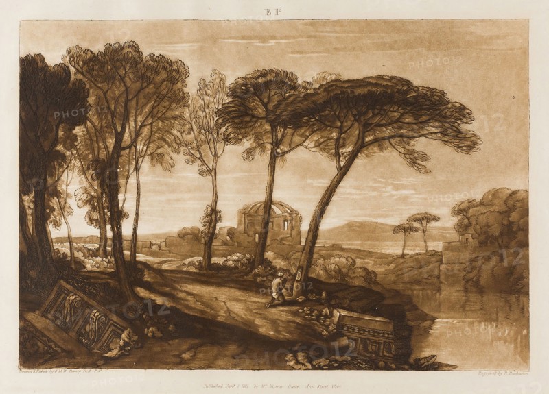 The Temple of Minerva Medica, plate 23 from Liber Studiorum, Publishd January 1, 1811, Joseph Mallord William Turner (English, 1775-1851), Engraved by R. Dunkarton, England, Etching and aquatint on off-white paper, 182 × 265 mm (image) 208.5 × 290.5 mm (plate), 296.5 × 434 mm (sheet)