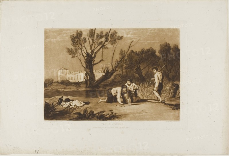 Young Anglers, plate 32 from Liber Studiorum, published June 1, 1811, Joseph Mallord William Turner (English, 1775-1851), Engraved by R. Dunkarton, England, Etching and engraving in brown on ivory wove paper, 179 × 261 mm (image), 208 × 290 mm (plate), 299.5 × 444.5 mm (sheet)