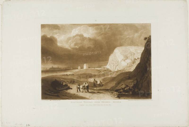 Martello Towers Near Bexhill, Sussex, plate 34 from Liber Studiorum, published June 1811, Joseph Mallord William Turner (English, 1775-1851), Engraved by William Say (English, 1768-1834), England, Etching and engraving in brown on ivory wove paper, 177 × 260 mm (image), 207 × 288 mm (plate), 298 × 442.5 mm (sheet)