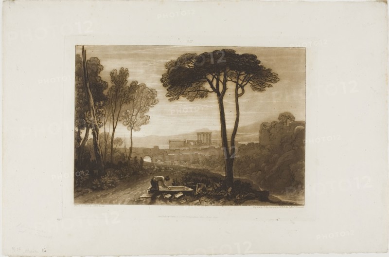 Scene in the Campagna, plate 38 from Liber Studiorum, Published February 1, 1812, Joseph Mallord William Turner (English, 1775-1851), Engraved by William Say (English, 1768-1834), England, Etching and engraving in brown on ivory paper, 180 × 262 mm (image), 208.5 × 289 mm (plate), 287.5 × 441 mm (sheet)