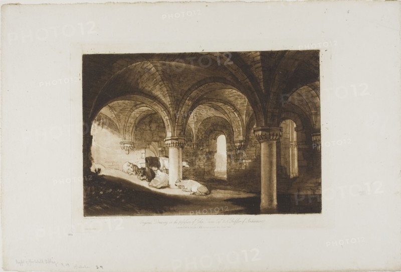Crypt of Kirkstall Abbey, plate 39 from Liber Studiorum, published February 11, 1812, Joseph Mallord William Turner, English, 1775-1851, England, Etching and engraving in brown on ivory paper, 180 × 263 mm (image), 210 × 291 mm (plate), 299 × 442.5 mm (sheet)