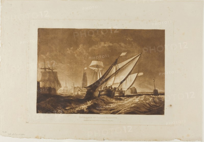Entrance of Calais Harbour, plate 55 from Liber Studiorum, published January 1, 1816, Joseph Mallord William Turner, English, 1775-1851, England, Etching, engraving, and mezzotint in brown on cream paper, 180 × 266 mm (image), 214 × 303 mm (plate), 295 × 423 mm (sheet)