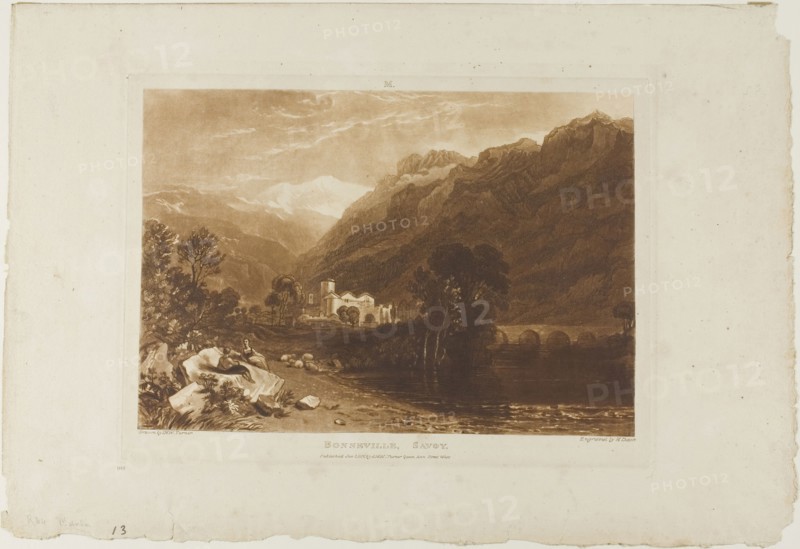 Bonneville, plate 64 from Liber Studiorum, published January 1, 1816, Joseph Mallord William Turner (English, 1775-1851), Engraved by H. Dawe, England, Etching and engraving in brown on ivory paper, 189 × 275 mm (image), 214.4 × 291.5 mm (plate), 298 × 436.5 mm (sheet)