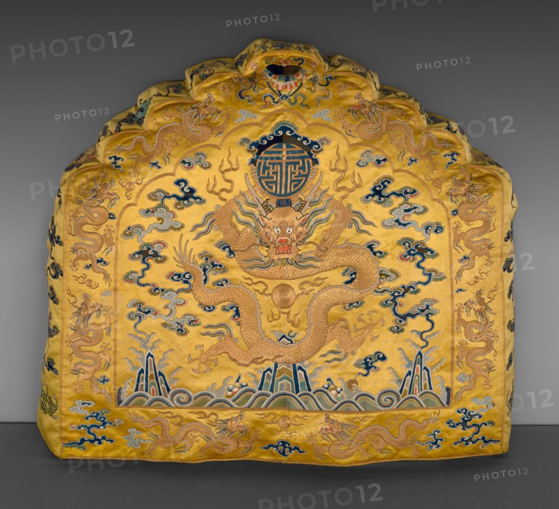 Cushion Cover, Qing dynasty (1644–1911), 1775/1800, Manchu, China, Silk, warp-float faced 7:1 satin weave, embroidered with silk and gold-leaf-over-lacquered-paper-strip-wrapped silk in knot, satin, and stem stitches, laid work and couching, 84.1 × 90.3 × 12.7 cm (33 1/8 × 35 1/2 × 5 in.), Landscape in Montfoucault, 1864, Camille Pissarro, French, 1830-1903, France, Graphite on light gray laid paper, 311 × 462 mm