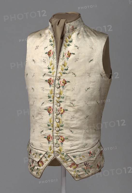 Waistcoat, 1775/1800, France, Silk, satin weave, embroidered with silk threads, embroidered fabric covered buttons, silk, twill weave lining, linen, plain weave back, 66.3 × 66.7 cm (26 1/8 × 26 1/4 in.)