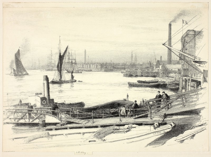 West India Dock, 1895, Thomas Robert Way, English, 1861-1913, England, Transfer lithograph in black on cream laid paper, 220 × 300 mm (sheet, trimmed just within image at sides)