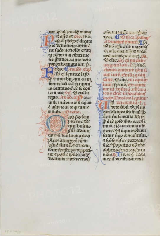 Illuminated Manuscript Leaf, c. 1450, Italian, Italy, Manuscript cutting with round gothic inscriptions in black, red and blue inks, and decorations in red and blue inks, on vellum, 162 x 117 mm
