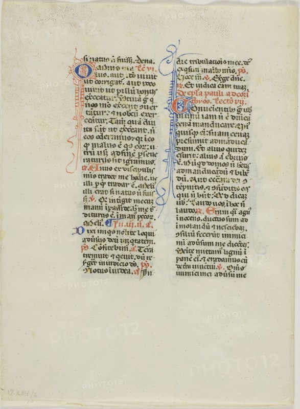 Illuminated Manuscript Leaf, c. 1450, Italian, Italy, Manuscript cutting with round gothic inscriptions in black, red and blue inks, and decorations in red and blue inks, on vellum, 162 x 117 mm