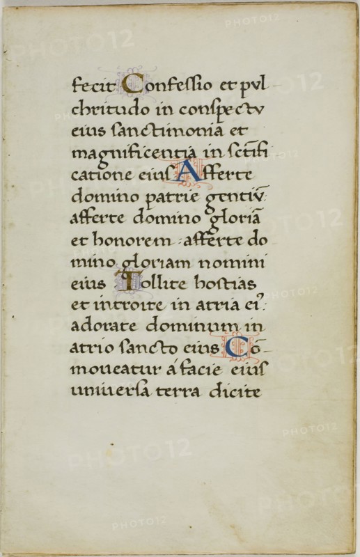 Illuminated Manuscript Leaf, c. 1450, Italian, Italy, Manuscript cutting with roman small letter inscriptions in black and dark brown inks, tempera and gold leaf illuminated letters, and decorations in red and lavender inks, on vellum, 147 x 94 mm
