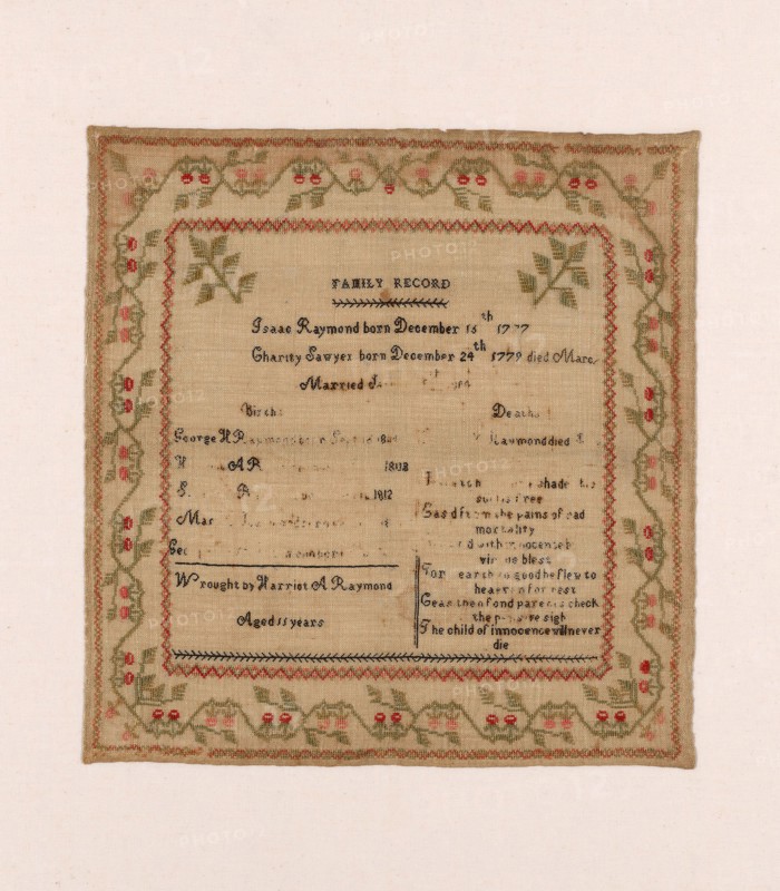 Sampler, c. 1819, Harriot Augusta Raymond (American, 1808-1887), United States, Massachusetts, Boston, United States, Linen, plain weave, embroidered with wool and silk in cross stitches, 44.1 x 42.2 cm (17 3/8 x 16 5/8 in.)