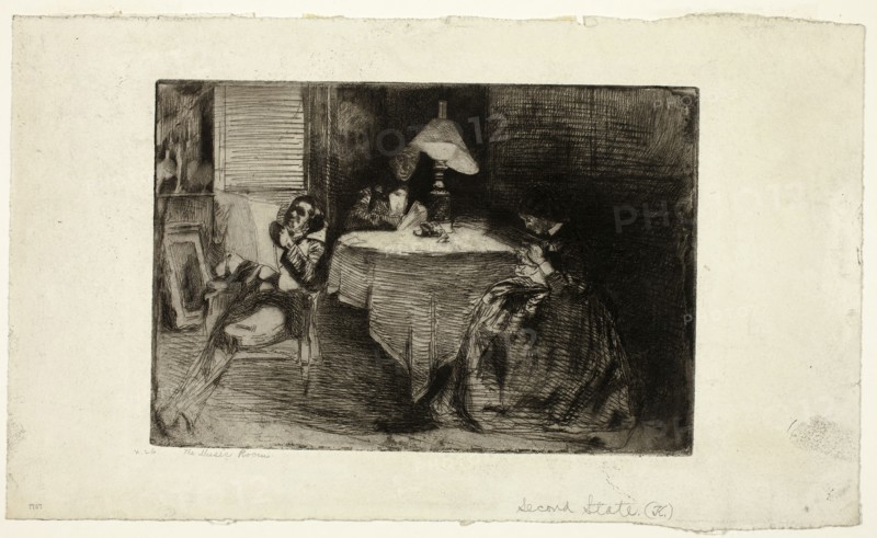 The Music Room, 1859, James McNeill Whistler, American, 1834-1903, United States, Etching, with selective wiping of plate tone, in black on off-white wove paper, 144 x 214 mm (image/plate), 204 x 336 mm (sheet)