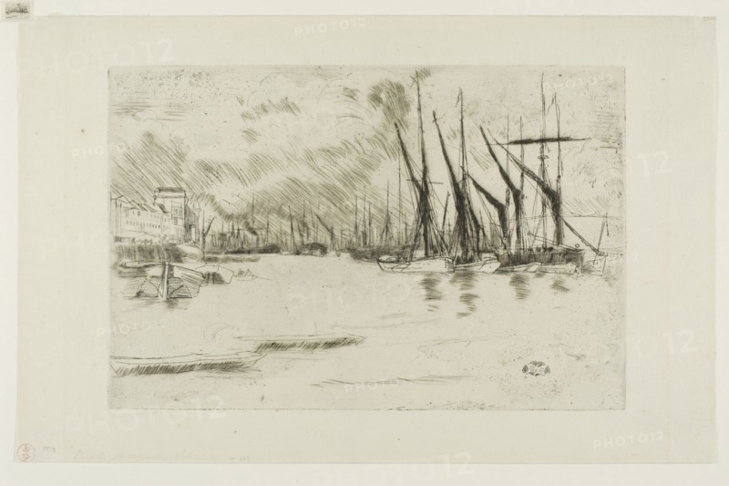 Pickle Herring Wharf, 1876/77, James McNeill Whistler, American, 1834-1903, United States, Etching and drypoint with foul biting in black ink on ivory laid paper, 151 x 228 mm (plate), 197 x 308 mm (sheet)