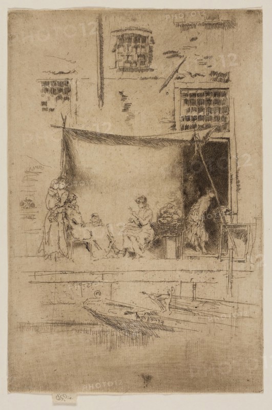 Fruit Stall, 1879/80, James McNeill Whistler, American, 1834-1903, United States, Etching and drypoint with foul biting in dark brown ink on ivory laid paper, 226 x 150 mm (image, trimmed within plate mark), 231 x 150 mm (sheet)
