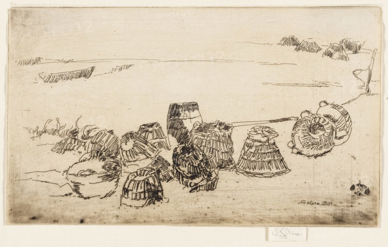 Lobster Pots, Selsea Bill, 1880/81, James McNeill Whistler, American, 1834-1903, United States, Etching with foul biting in black ink on ivory laid paper, 118 x 201 mm (plate), 127 x 201 mm (sheet)