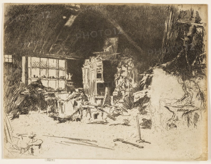The Smithy, 1880, James McNeill Whistler, American, 1834-1903, United States, Etching and drypoint with foul biting in black ink on cream laid paper, 174 x 229 mm (image, trimmed within plate mark), 177 x 229 mm (sheet)