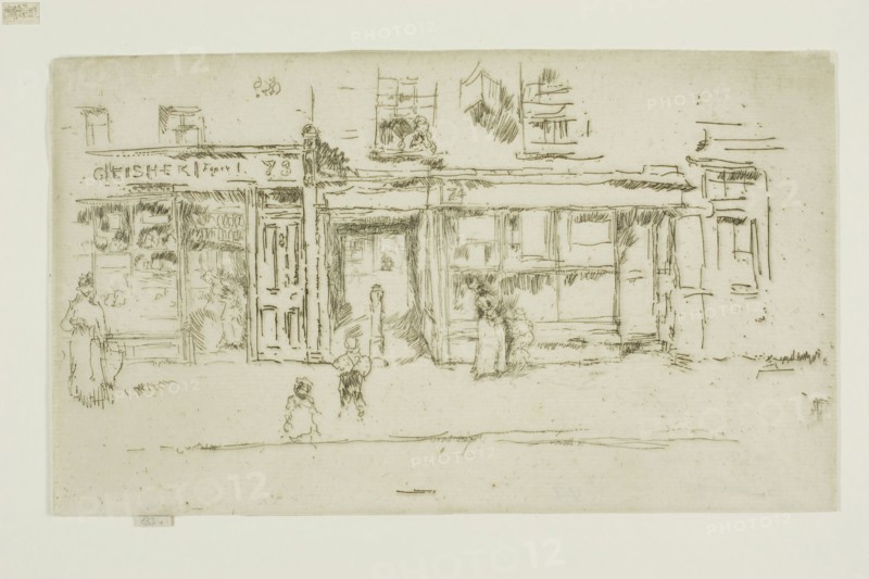York Street, Westminster, 1888, James McNeill Whistler, American, 1834-1903, United States, Etching and drypoint with foul biting in black ink on ivory laid paper, 127 x 216 mm (image, trimmed within plate mark), 130 x 216 mm (sheet)