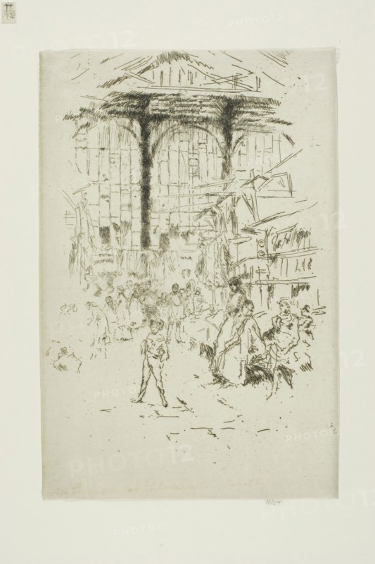 Clothes-Exchange, Houndsditch, No. 2, 1887, James McNeill Whistler, American, 1834-1903, United States, Etching and drypoint with foul biting in black ink on ivory laid paper, 227 x 151 mm (image, trimmed within plate mark), 230 x 151 mm (sheet)