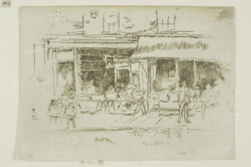 Nut Shop, St James’s Place, Houndsditch, 1887, James McNeill Whistler, American, 1834-1903, United States, Etching and drypoint with foul biting on off-white laid paper, 126 x 177 mm (image, trimmed within plate mark), 129.5 x 177 mm (sheet)