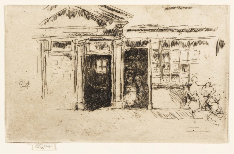 Double Doorway, Sandwich, 1887, James McNeill Whistler, American, 1834-1903, United States, Etching and drypoint with foul biting in black ink on cream laid paper, 68 x 110 mm (image, trimmed within plate mark), 72 x 110 mm (sheet)