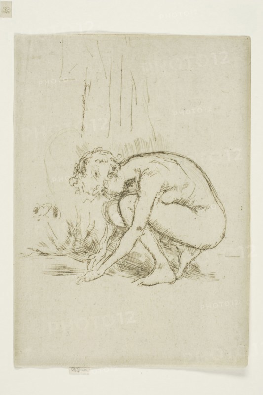 Model Stooping, 1887/88, James McNeill Whistler, American, 1834-1903, United States, Etching and drypoint with foul biting in black ink on cream laid paper, 134 x 95 mm (image, trimmed within plate mark), 136 x 95 mm (sheet)