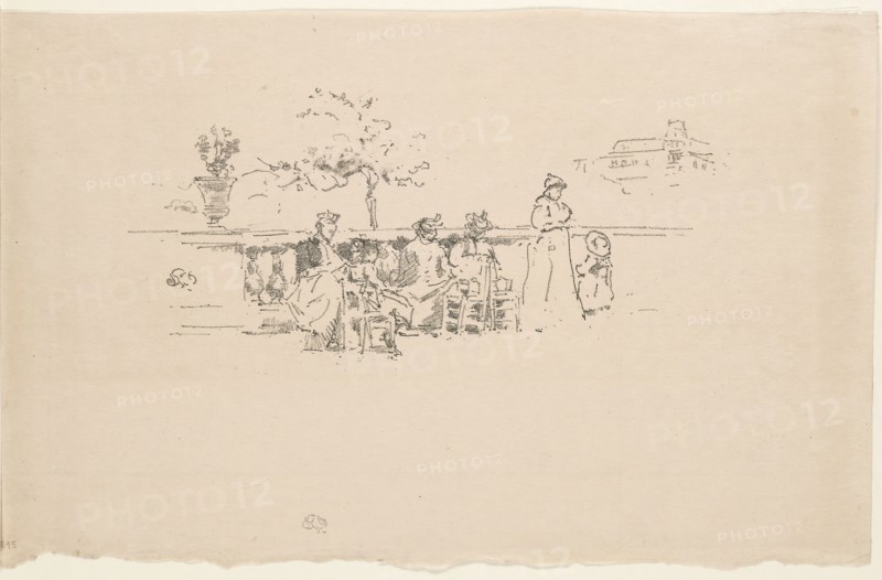 The Terrace, Luxembourg, 1894, James McNeill Whistler, American, 1834-1903, United States, Transfer lithograph in black with stumping, on cream laid Japanese vellum, 100 x 216 mm (image), 198 x 335 mm (sheet)
