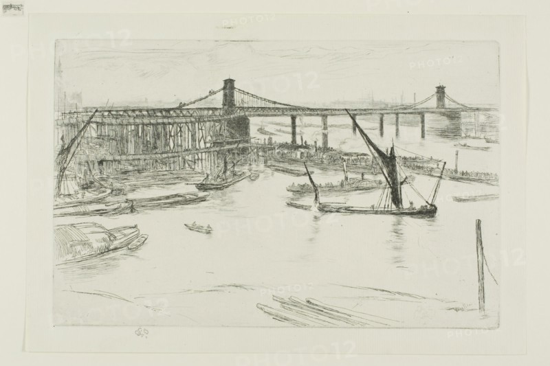 Old Hungerford Bridge, 1861, James McNeill Whistler, American, 1834-1903, United States, Etching and drypoint in black ink on ivory laid paper, 137 x 213 mm (plate), 162 x 238 mm (sheet)