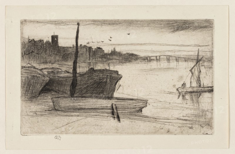 Chelsea Bridge and Church, 1871, James McNeill Whistler, American, 1834-1903, United States, Etching and drypoint with foul biting in black ink on off-white laid paper, 101 x 169 mm (plate), 125 x 195 mm (sheet)