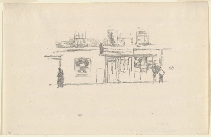 Chelsea Shops, 1888, James McNeill Whistler, American, 1834-1903, United States, Transfer lithograph in black ink on ivory laid paper, 95 x 195 mm (image), 203 x 310 mm (sheet)