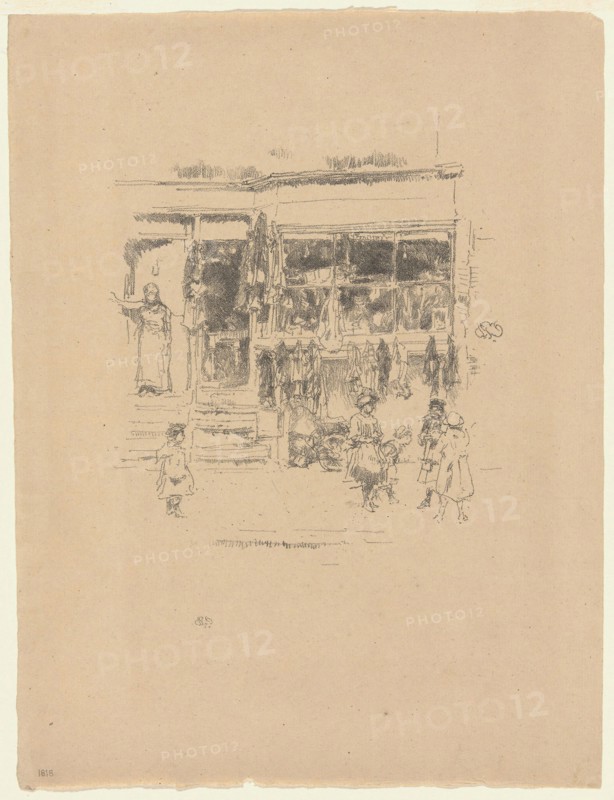Chelsea Rags, 1888, James McNeill Whistler, American, 1834-1903, United States, Transfer lithograph in black on tan laid paper, 180 x 159 mm (image), 310 x 238 mm (sheet)