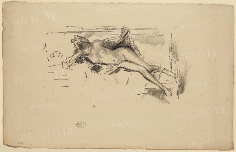 Nude Model, Reclining, 1893, James McNeill Whistler, American, 1834-1903, United States, Transfer lithograph in black ink with stumping, on ivory laid paper, 115 x 214 mm (image), 210 x 332 mm (sheet)